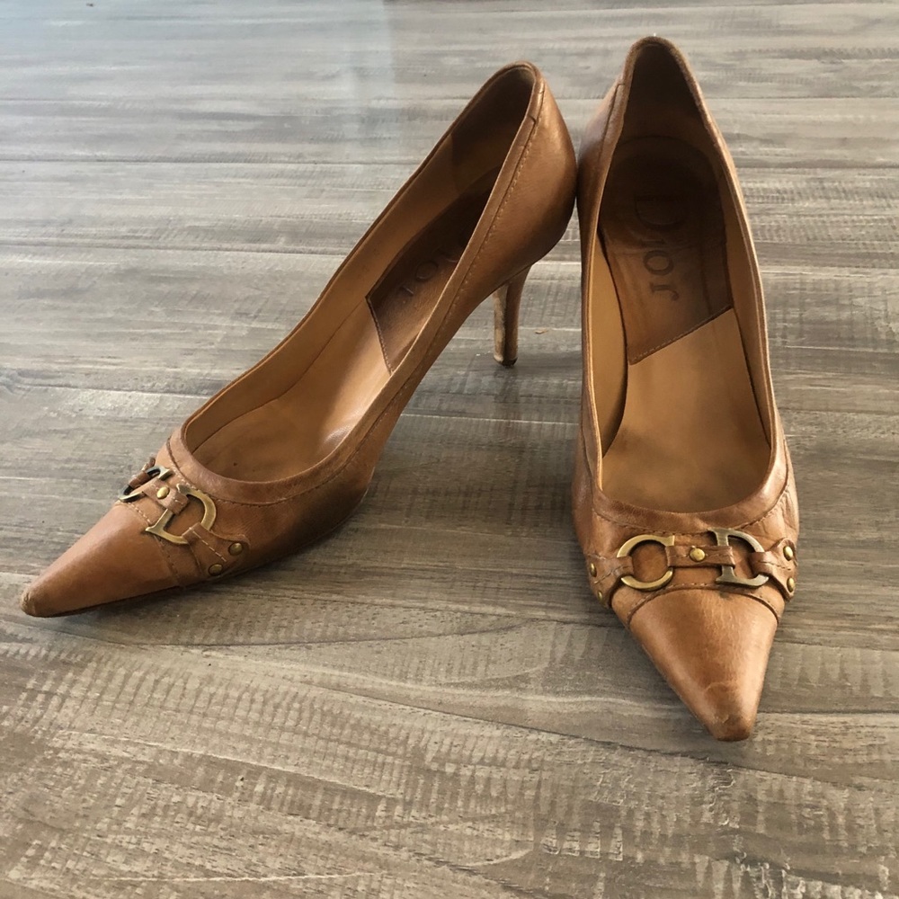 Vintage Dior Tan Leather Pointed Toe Heels Size 38